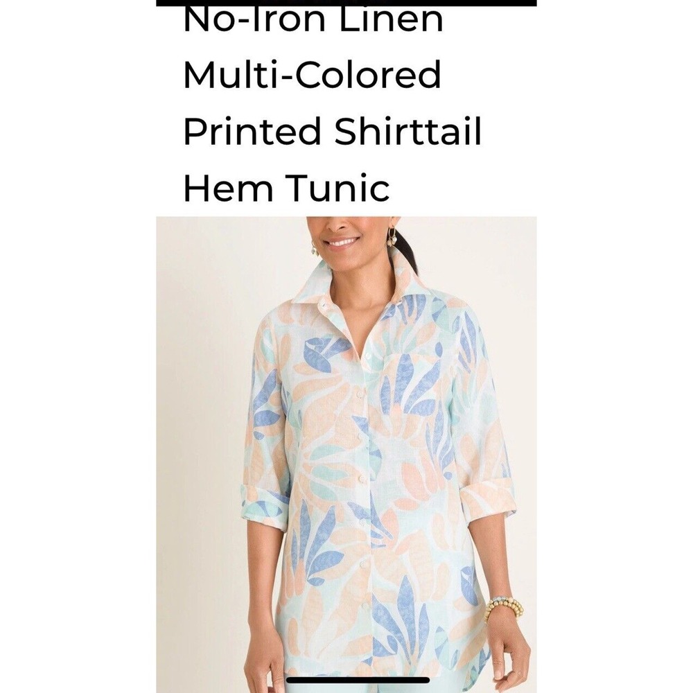 Chicos Size 3.5 Orange Floral Linen Hem Tunic 3/4 Sleeve Button Up Shirt